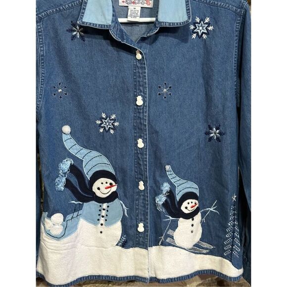 Women’s Vintage 90s Tantrums Denim Jean Jacket Snowman Winter Holiday Size Mediu - Picture 2 of 6